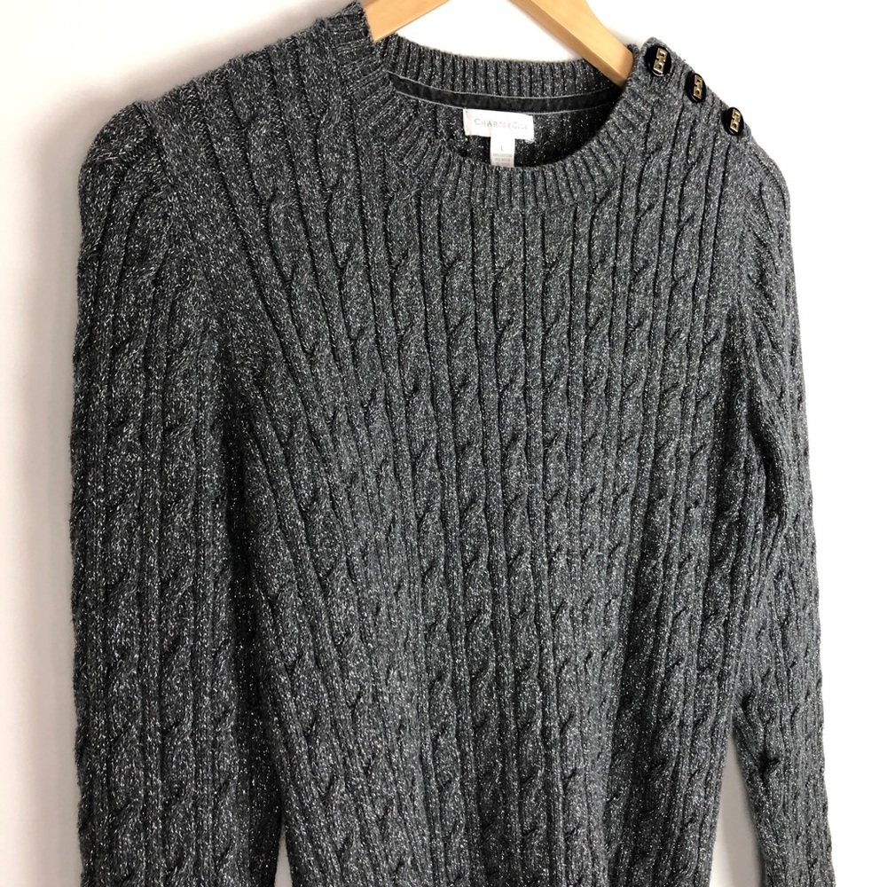 Charter Club Dark Gray Cotton Crewneck Cable-knit Sweater Metallic Fiber - Picture 3 of 12